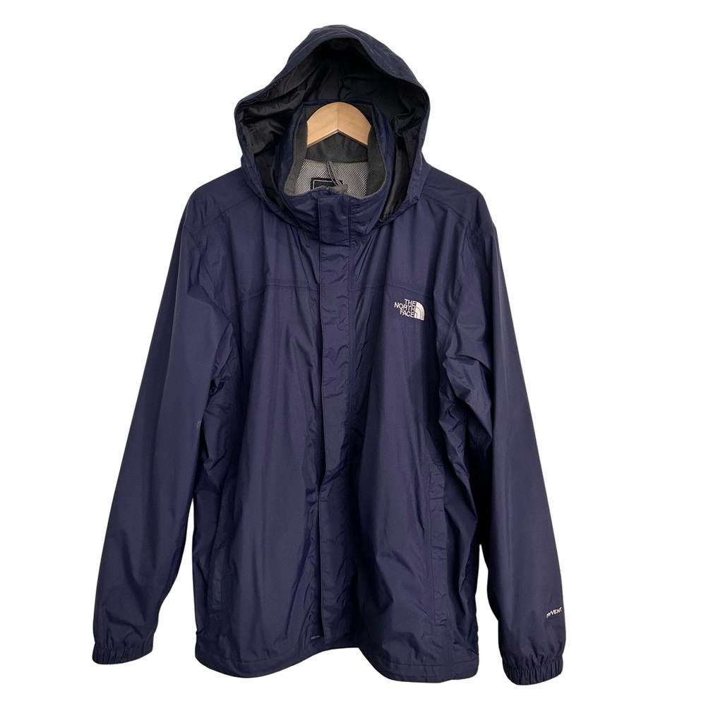 The North Face Men's Navy Blue HyVent Hooded Jacket Large Waterproof Hiking EUC